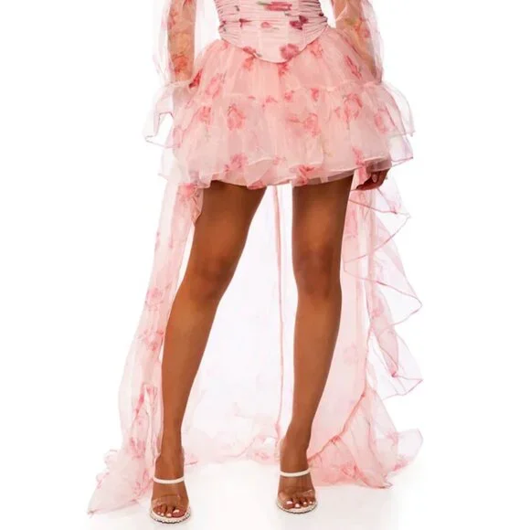 Stasia Lost In A Dream Pink Rose Floral Tulle High Low Skirt XL - Picture 4 of 10